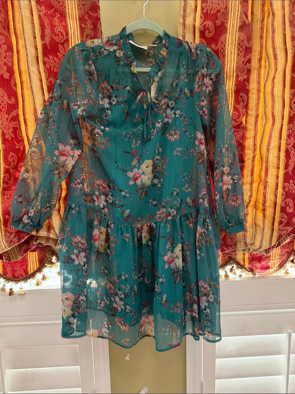 Maeve Teal Floral Long-Sleeve Chiffon Dress